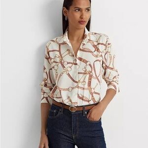 Lauren Ralph Lauren Cream Button-Down Equistrian Print Size PM In EUC